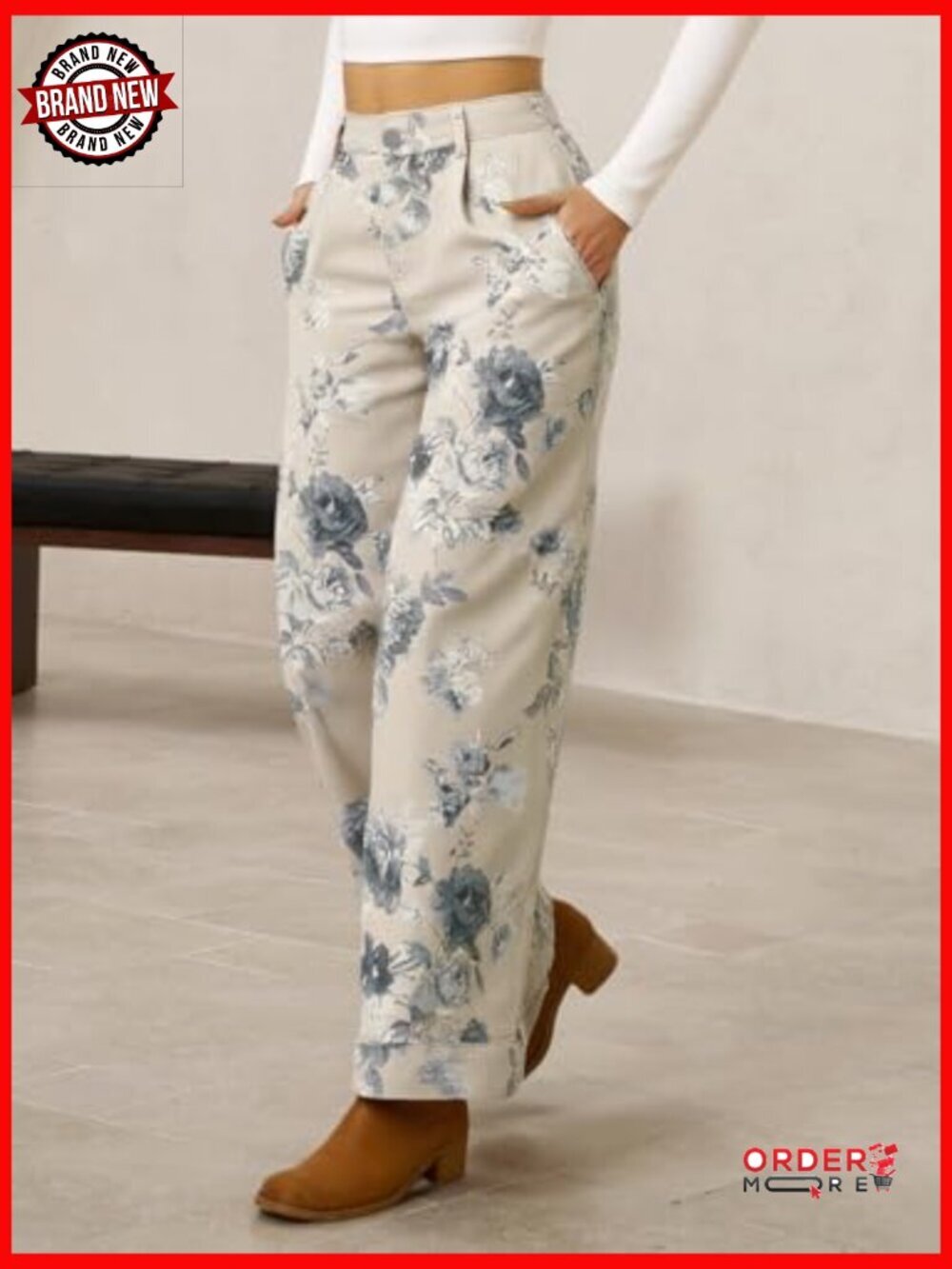 Baggy Wide Leg Floral Jeans High Waisted Boho Denim Pants with Pockets - Picture 3 of 7